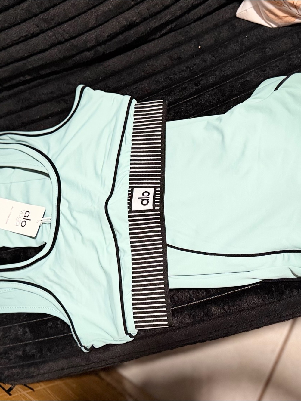 ALO Yoga Mint Sports Bra with Black Trim and Striped Elastic Band